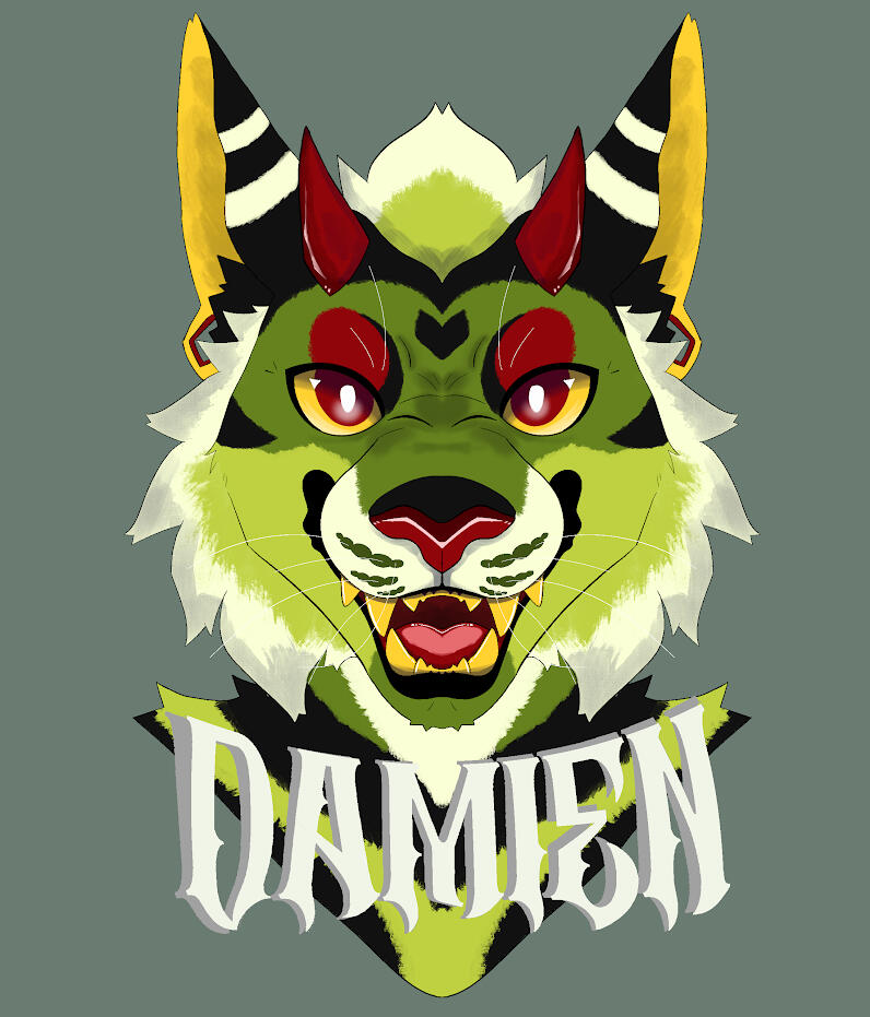 a fursuit badge for a dragon cat named Damien